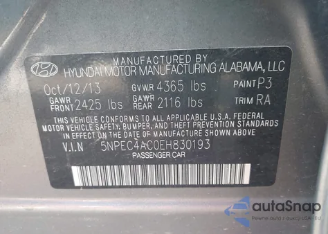 2014 Hyundai Sonata Se/Limited из США, поврежденный, VIN 5NPEC4AC0EH830193